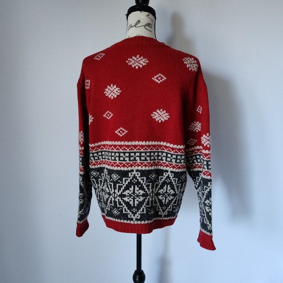 Vintage Eddie Bauer Wool Alpaca Fair Isle Nordic Cardigan Button Red Blue - Picture 5 of 8